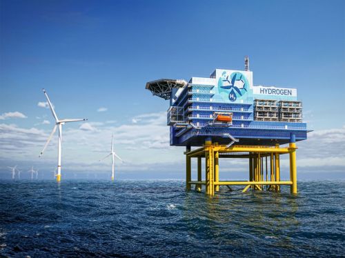Abb. 3: Die Illustration visualisiert eine mögliche Produktionsplattform für Offshore-Wasserstoff. Hintergrundinfo: https://idw-online.de/de/ news853540 (Foto: Helmholtz-Zentrum Hereon / Aquaventus Förderverein e.V.)