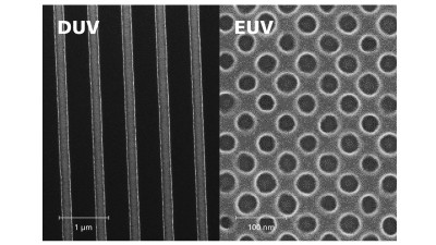 Die Nanostrukturen mit 300 nm (links, DUV) und 28 nm (rechts, EUV) half-pitch (HP) – die weltweit kleinsten Strukturen, generiert mit laborbasierter EUV