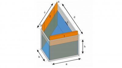 Abb. 1: Schematischer Aufbau der Hull-Zelle – 1: Anode, 2: Kathode, 3,4: Markierungsmarken, 5: Füllmarke, Typische Dimensionen (a-d, h) sind in Tabelle 1 angegeben