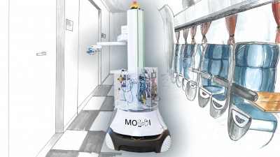 Im Projekt MobDi werden Desinfektionsroboter sowohl für den Einsatz in Gebäuden (links) als auch in Verkehrsmitteln (rechts) entwickelt.