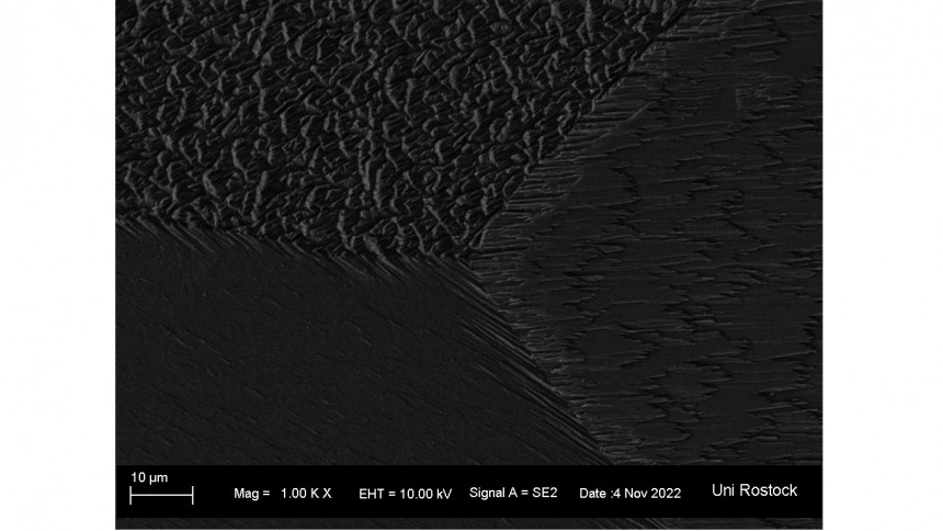 REM-Aufnahme von Sekundärzinn bei 1000-facher Vergrößerung mit gut sichtbaren Kristallen und Korngrenzen