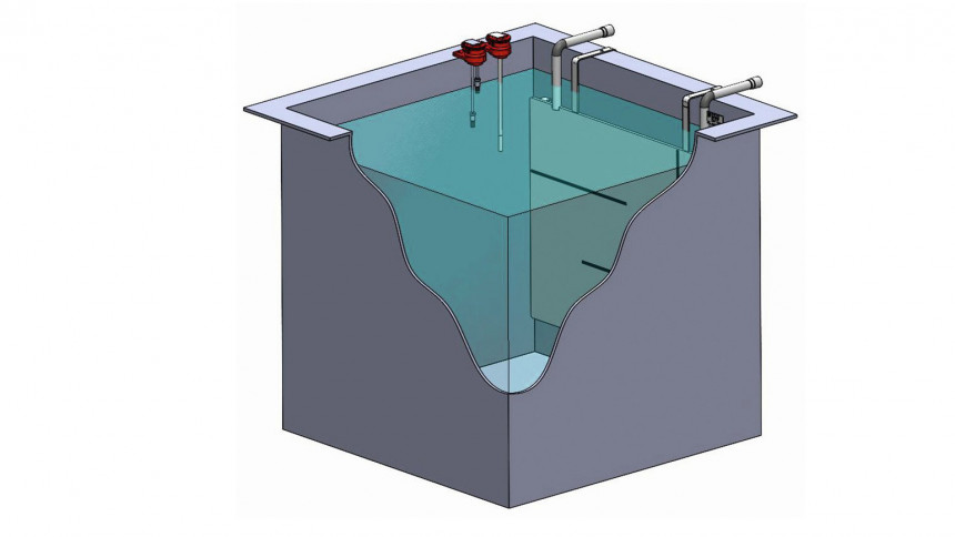 Isometrische Ansicht Wärmetauscher im Behälter mit Temperaturfühler und Niveaustabsonde