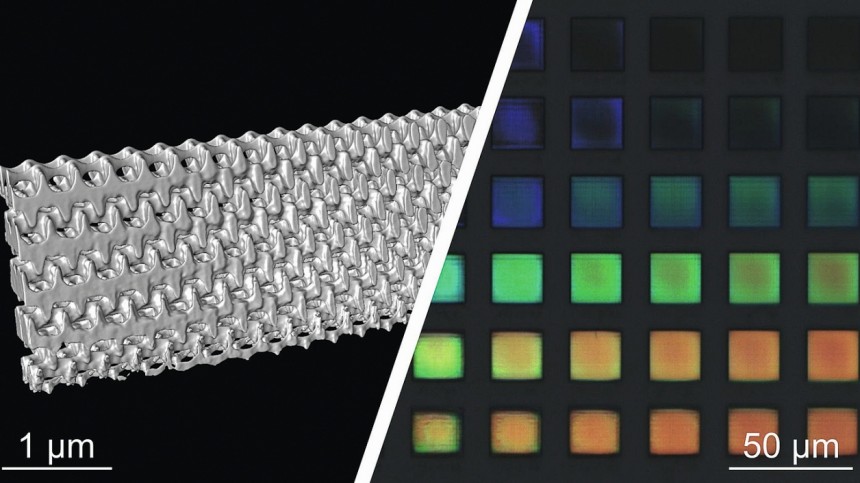  Elektronenmikroskopische Rekonstruktion einer 3D-Nanostruktur, die mit dem Zwei-Stufen-Verfahren gedruckt wurde (links) sowie licht- mikroskopische Aufnahme (rechts) (Foto: Prof. Rasmus Schröder)
