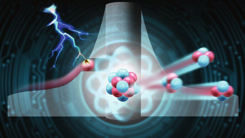 Künstlerische Darstellung der Potentialbarriere der Fusionsreaktion von Bor-11 mit einem Proton, bei der drei Alphateilchen als Reaktionsprodukte entstehen. Das Tunneln des Protons wird durch ein elektrisches Feld verstärkt, hier symbolisiert durch einen Blitz