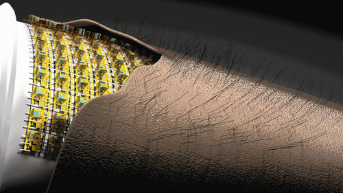 Künstliche elektronische Haut (E-Skin): Hochintegrierte flexible mikroelektronische 3D Sensorik nimmt Bewegung von Härchen auf künstlicher Haut wahr. (Quelle: TU Chemnitz)