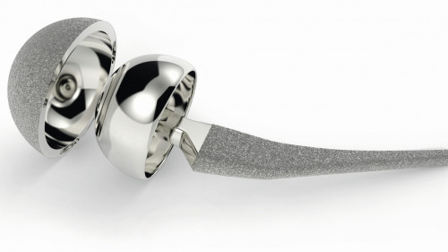 Titanium hip replacement implant. Titanium is increasingly used in medical technology because of its low weight but is also used in numerous other applications