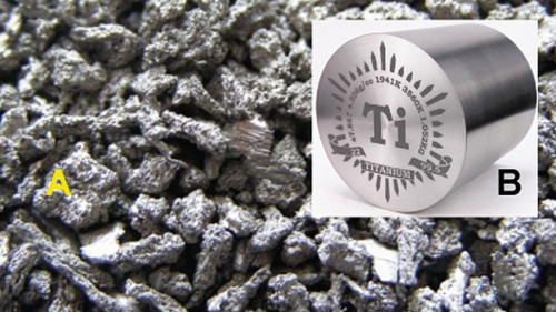 Abb. 1: Titanschwamm (A) und Titanmetall (B) (1 kg, 105 € (B) 