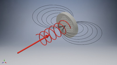Trifft ein zirkular polarisierter Lichtstrahl (rot) auf eine mikrometerkleine Graphen-Scheibe (grau), entsteht für einen winzigen Augenblick ein Magnetfeld (schwarze Linien)