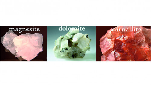 Fig. 1: Magnesium ores: magnesite, dolomite and carnallite [1]