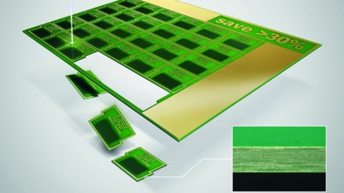 Abb. 1: Saubere Schnittkanten sorgen für hohe Qualität der Leiterplattenkanten und der Vollschnitt mittels Lasertechnologie ermöglicht Materialeinsparungen gegenüber mechanischen Trennverfahren