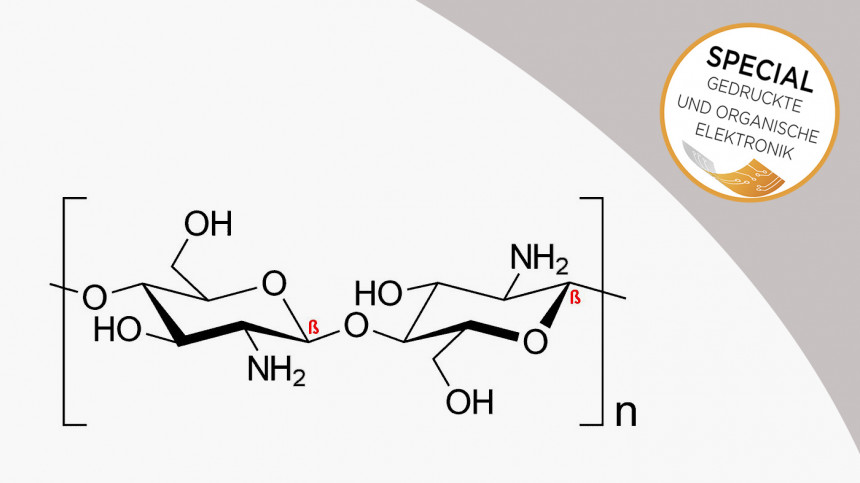 Strukturformel von Chitosan, einem biopolymeren Derivat von Chitin, das aus Krebstierschalen gewonnen wird