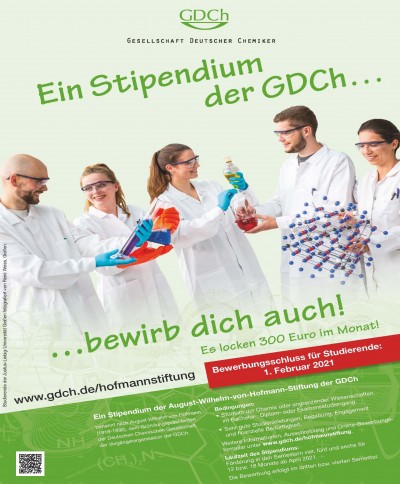 Hofmann-Stipendien 2021 ausgeschrieben  300 Euro pro Monat für Chemiestudierende